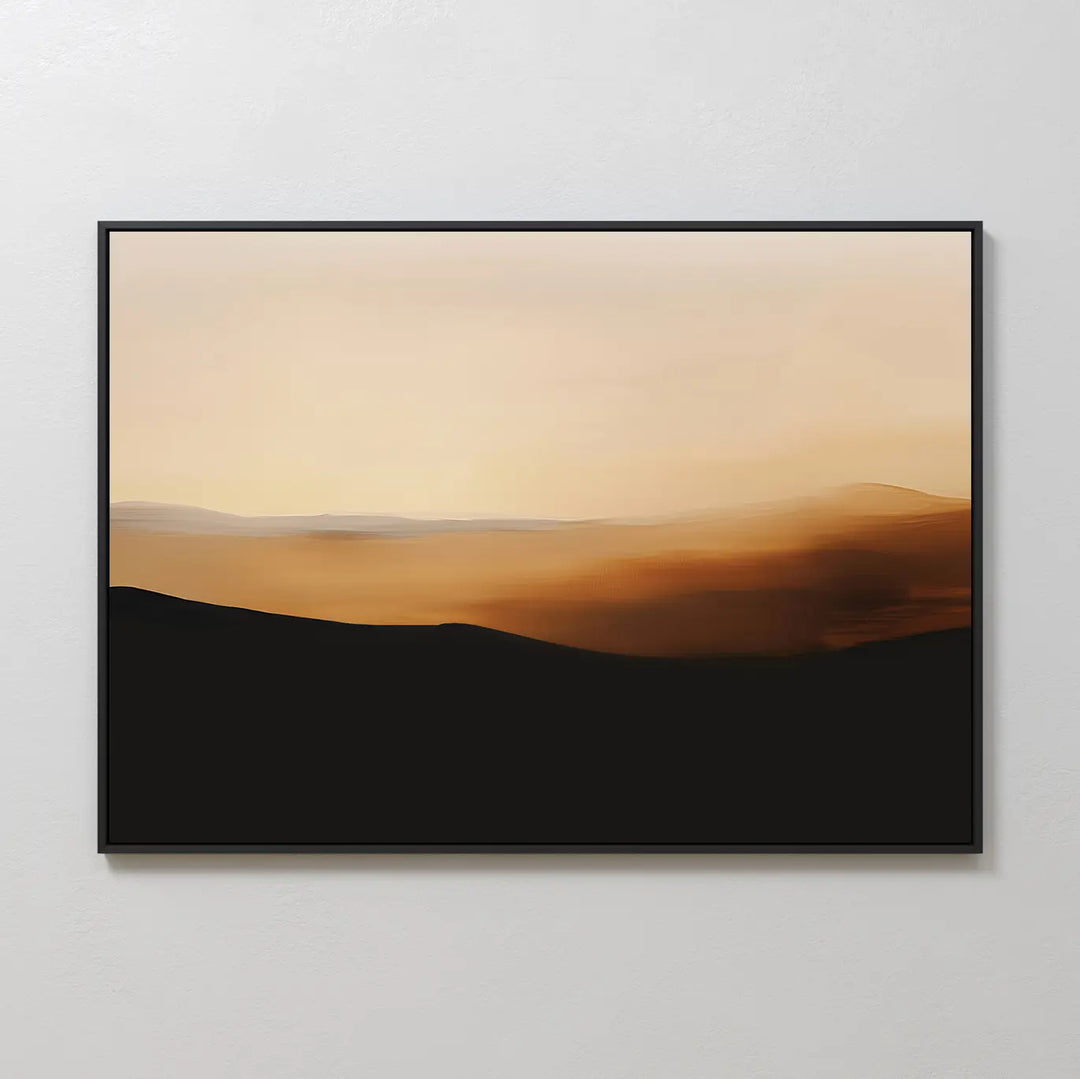 Sienna Ridge Canvas Art: A framed abstract featuring blurred dark hills and soft orange-beige tones in the sky—ideal minimalist wall decor for a modern living room.