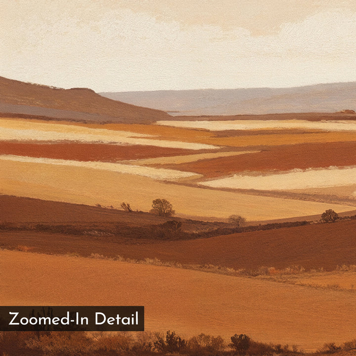 Close-up of the Sienna Terrain Canvas Art—terracotta landscape with rolling hills in warm brown and orange hues, soft layered textures, and a hazy sky. Ideal as a wall art print to bring warmth and depth to your space.