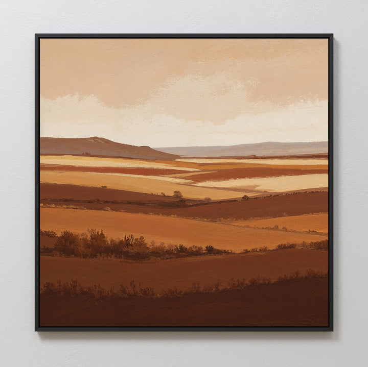 Sienna Terrain Canvas Art: a framed wall print showcasing terracotta-toned layered hills in warm brown, tan, and beige beneath a softly clouded sky for a calm, serene vibe.