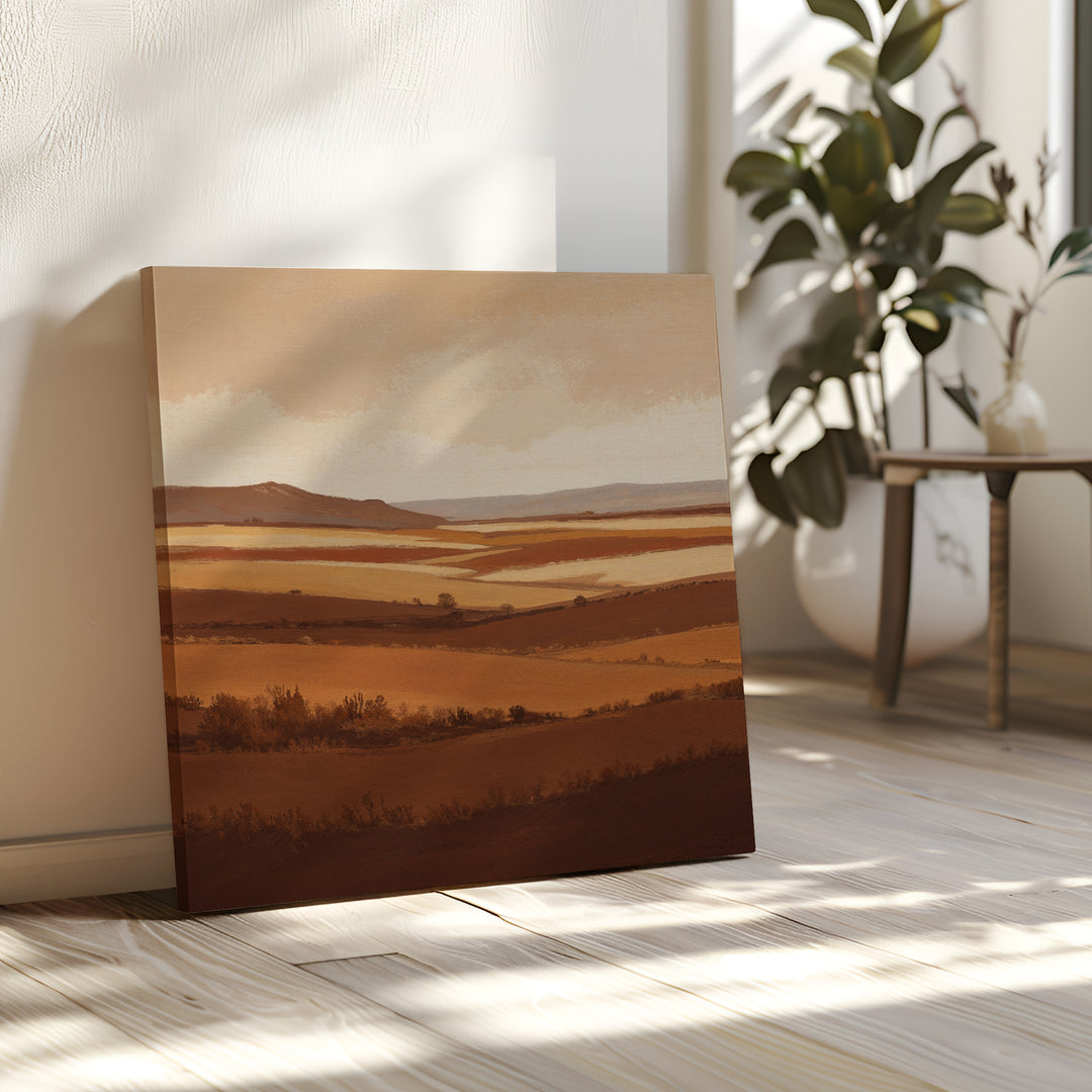The Sienna Terrain Canvas Art, featuring terracotta rolling hills in earthy tones, rests against a white wall on a wooden floor with sunlight and a leafy plant—a stylish print perfect for any Nordic Park-inspired interior.