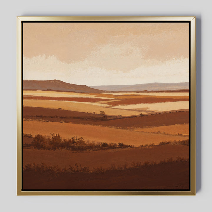 The Sienna Terrain Canvas Art features a tranquil terracotta landscape with rolling hills and fields in earthy browns and golds beneath a cloudy sky, evoking the calming beauty of a Nordic Park.