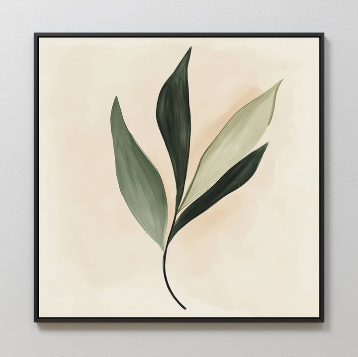 Silent Leaf Canvas Art showcases a green leafy branch on a light beige background in a sleek black frame. Its minimalist design and calming hues make it ideal for Nordic-inspired wall decor.