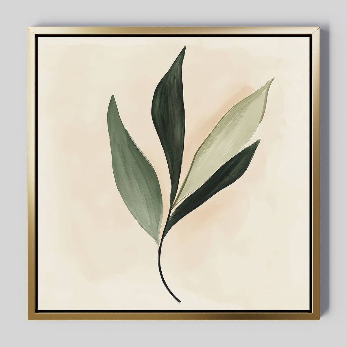 Silent Leaf Canvas Art features a minimalist green leafy branch with five elongated leaves on a light beige background in a gold and black frame—ideal Nordic wall decor for botanical art lovers.