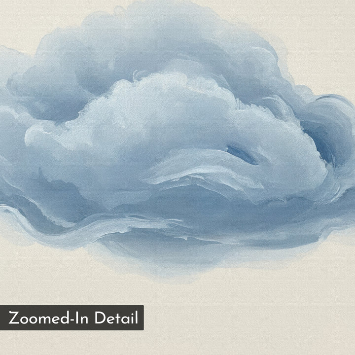 A close-up of a soft, fluffy blue cloud painted on a cream background shows detailed brushstrokes. This minimalist wall art, titled "Single Cloud Canvas Art," features "Zoomed-In Detail" in the bottom left corner.