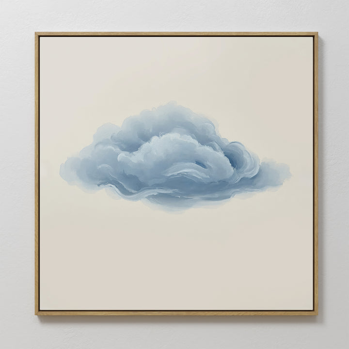 Single Cloud Canvas Art features a framed painting of a fluffy blue-gray cloud on a beige background, bringing modern minimalist style and a soft accent to any white wall.