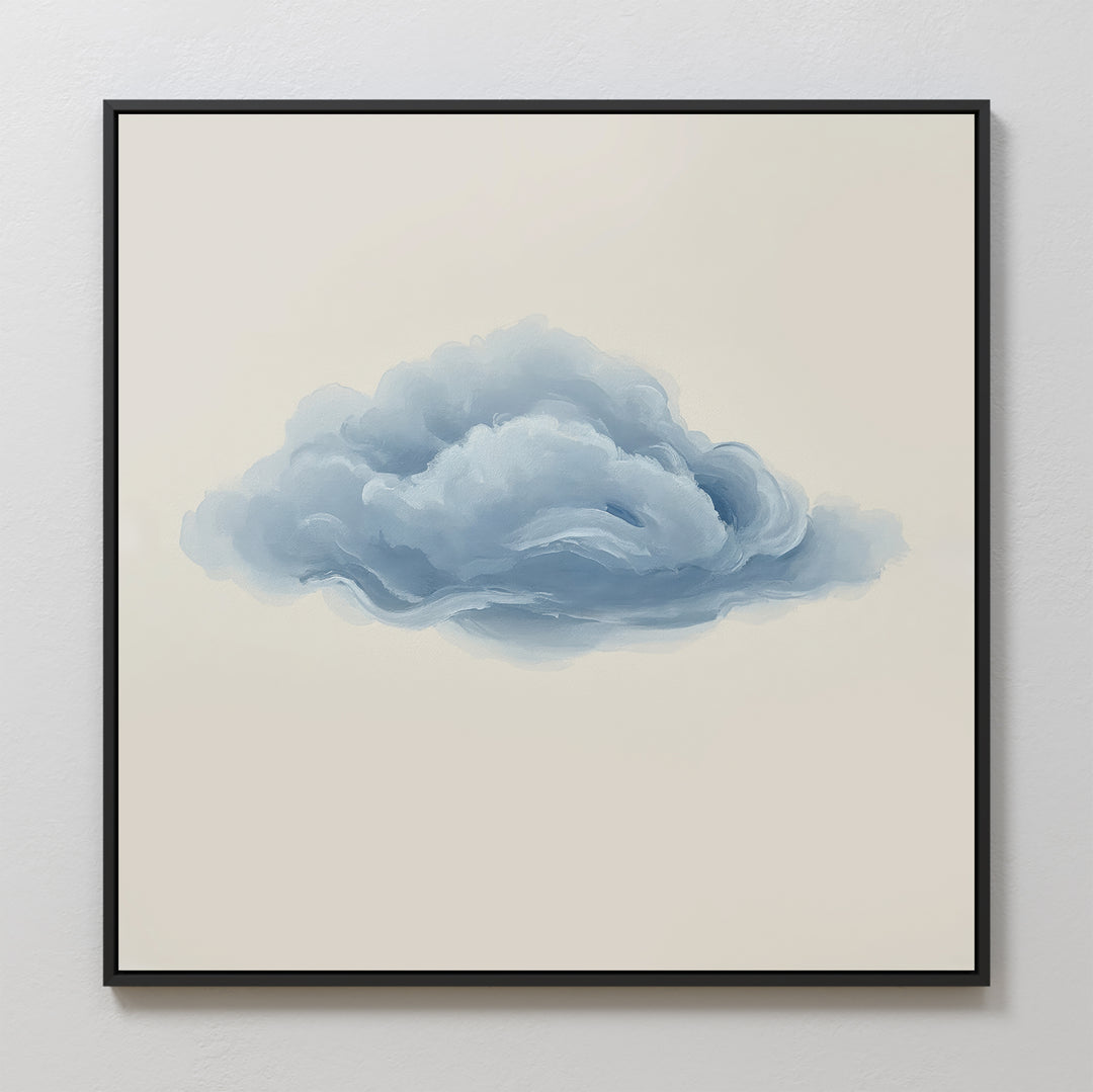 Single Cloud Canvas Art is a framed minimalist wall piece showcasing a fluffy blue-gray cloud on a beige background, perfect for modern decor and display on light-colored walls.