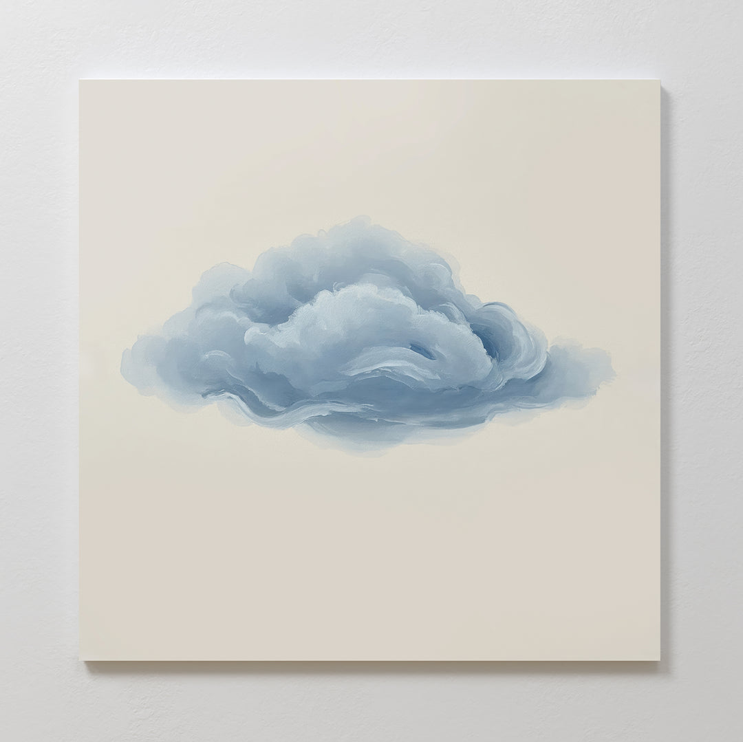 The Single Cloud Canvas Art features a single fluffy blue-gray cloud on a light beige background, centered on a plain white wall—ideal minimalist wall decor for any modern space.