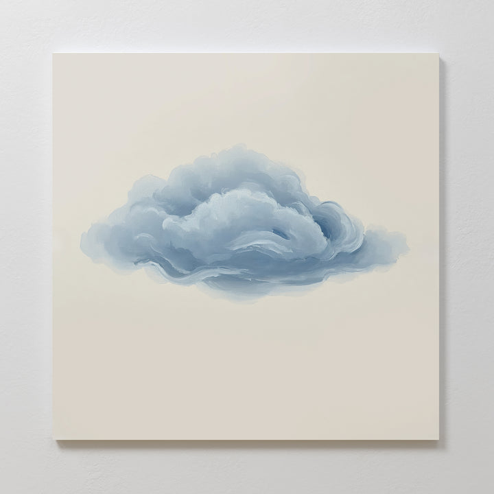 The Single Cloud Canvas Art features a single fluffy blue-gray cloud on a light beige background, centered on a plain white wall—ideal minimalist wall decor for any modern space.