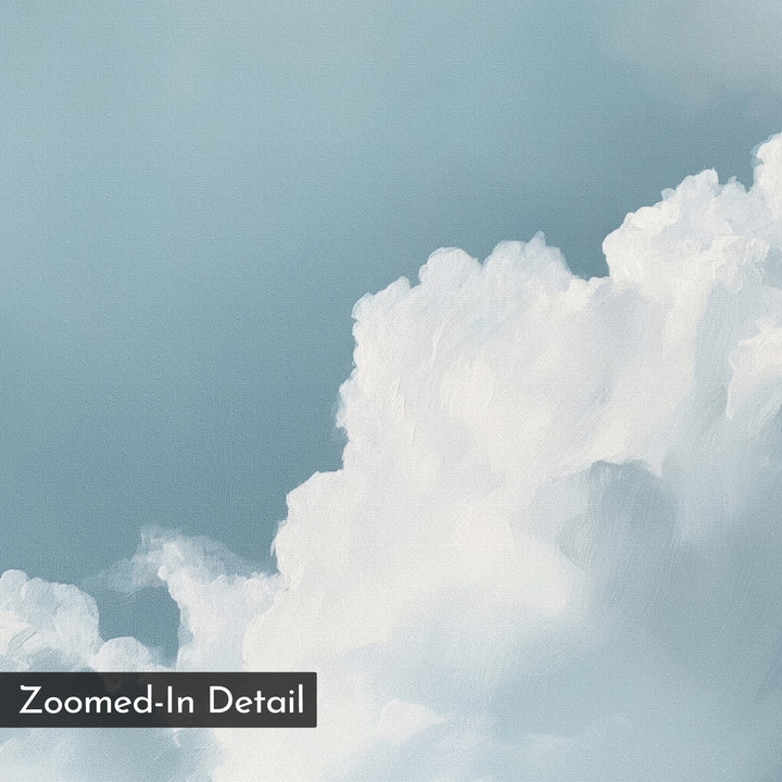 Zoomed-in detail of soft, fluffy white clouds on a light blue sky in a painterly, textured style—perfect minimalist wall art for serene living rooms. A dark label in the lower left reads "Sky Serenade Abstract Canvas Art.