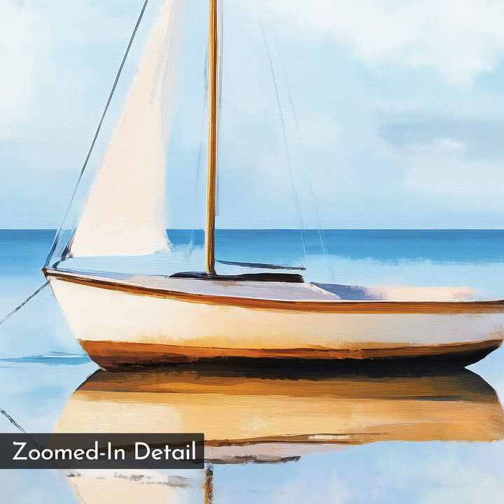 Skybound Reflection Canvas Art shows a sailboat with white sails on calm, reflective water beneath a blue sky. Painted in a minimalist style with soft brushstrokes, it’s ideal serene bedroom decor. A "Zoomed-In Detail" label appears in the corner.