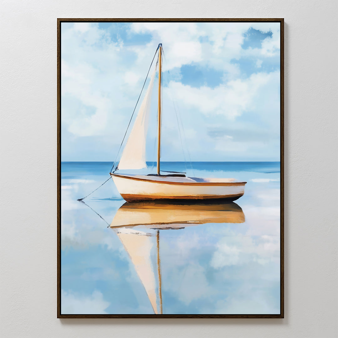 The Skybound Reflection Canvas Art is a framed minimalist wall piece featuring a sailboat with white sails on calm water beneath a blue sky—perfect bedroom decor to bring tranquility and serene reflections to any space.