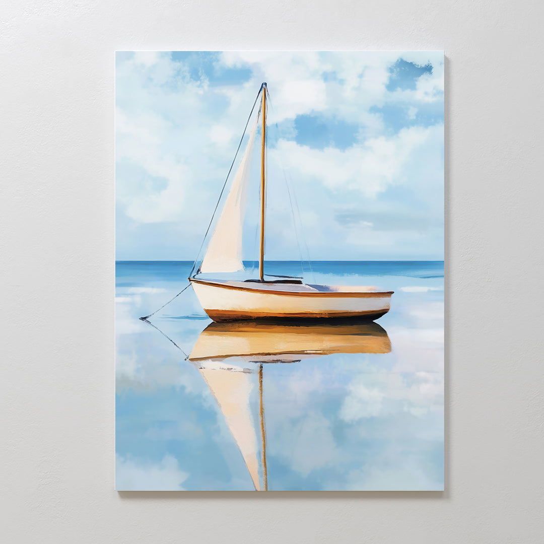 Skybound Reflection Canvas Art captures a small sailboat with white sails drifting on calm water beneath a blue, cloud-dappled sky—a minimalist piece ideal for bringing serene style to your bedroom decor.