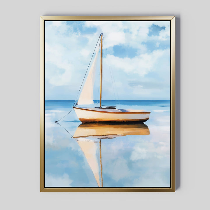 The Skybound Reflection Canvas Art features a minimalist sailboat with white sails on calm water beneath a blue, cloud-filled sky, making it a serene choice for large bedroom wall decor on a light gray wall.