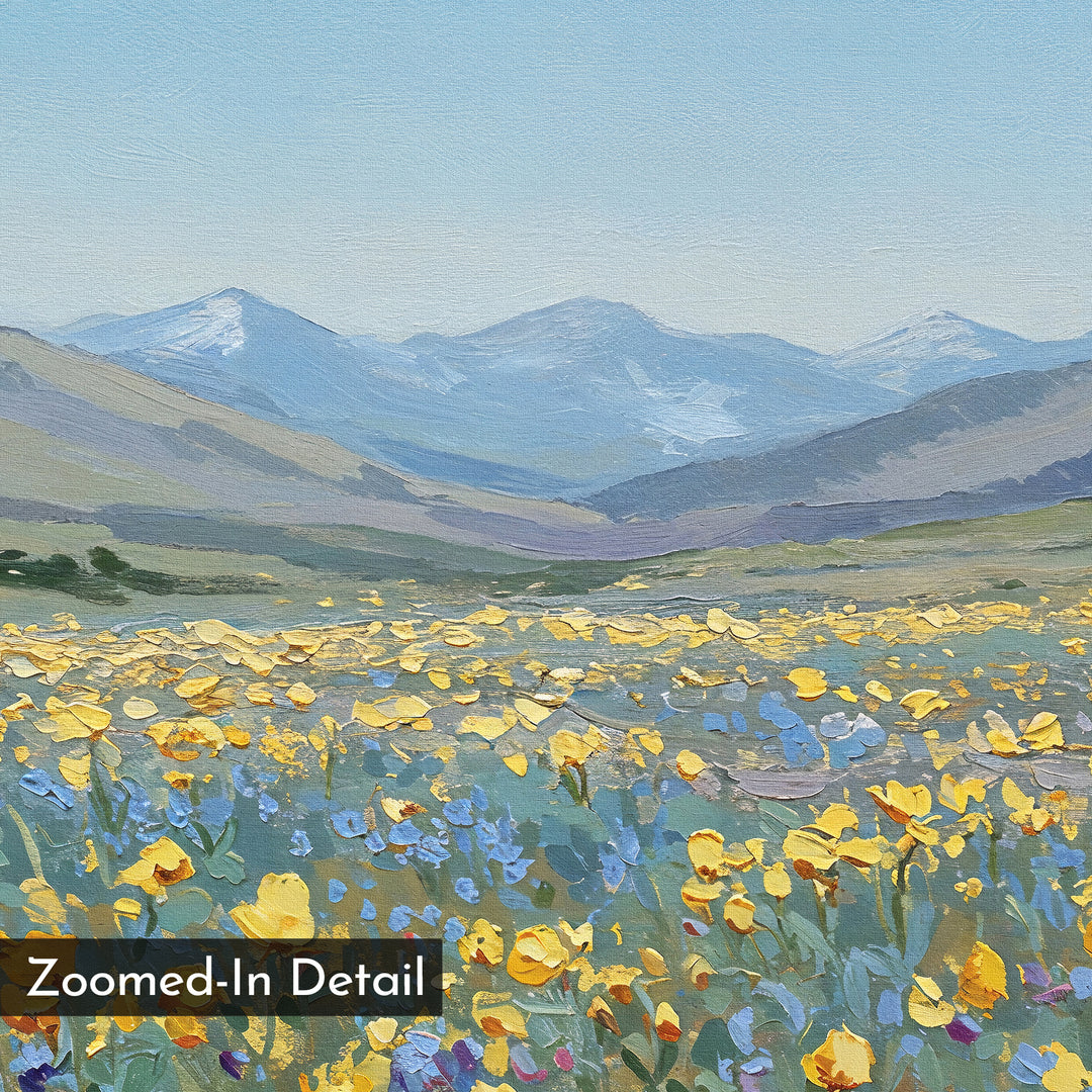 Skyview Field Canvas Art depicts a field of yellow and blue wildflowers, rolling hills, and distant snow-capped mountains beneath a blue sky—ideal as large wall art to enhance your bedroom. A "Zoomed-In Detail" label is in the lower left corner.