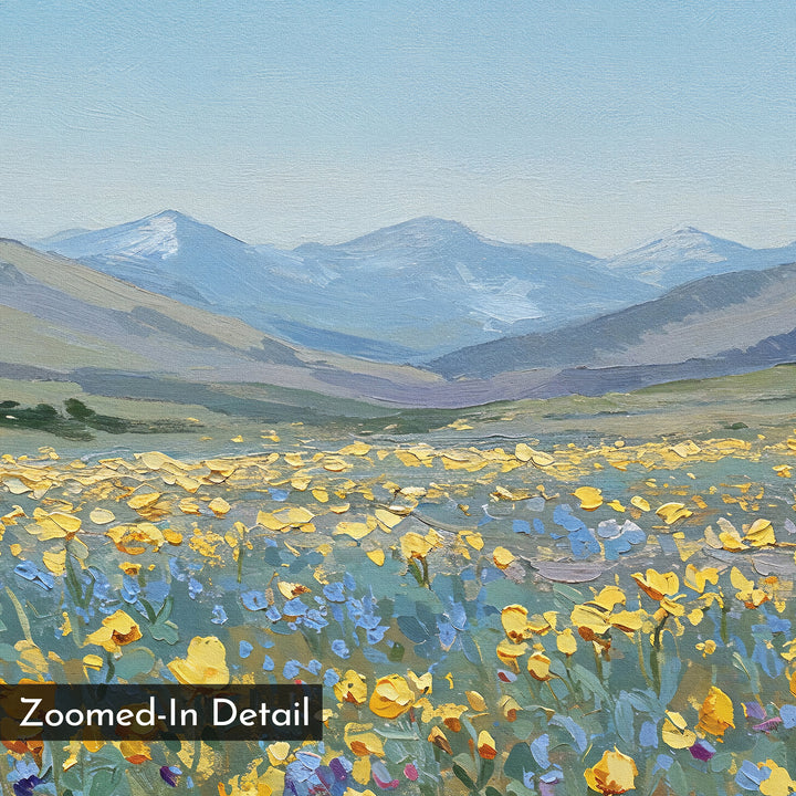 Skyview Field Canvas Art depicts a field of yellow and blue wildflowers, rolling hills, and distant snow-capped mountains beneath a blue sky—ideal as large wall art to enhance your bedroom. A "Zoomed-In Detail" label is in the lower left corner.