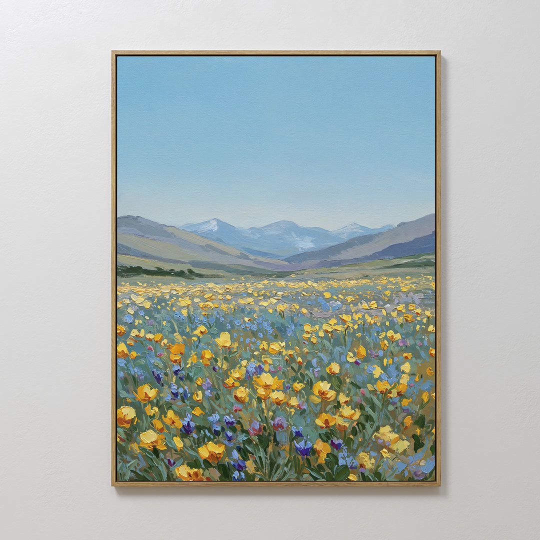 Skyview Field Canvas Art features a wildflower field with yellow and purple blooms beneath a clear blue sky and distant mountains—ideal large wall art to elevate your bedroom decor.