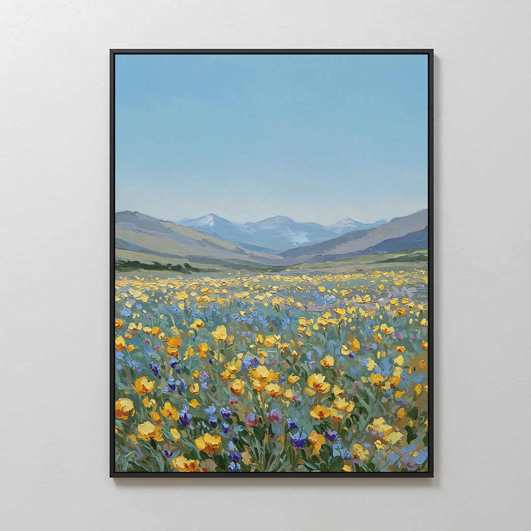 Skyview Field Canvas Art features yellow and purple wildflowers, distant green hills, and snow-capped mountains beneath a clear blue sky—ideal as large wall art to create a serene, uplifting vibe in your bedroom décor.