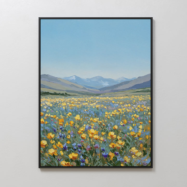 Skyview Field Canvas Art features yellow and purple wildflowers, distant green hills, and snow-capped mountains beneath a clear blue sky—ideal as large wall art to create a serene, uplifting vibe in your bedroom décor.