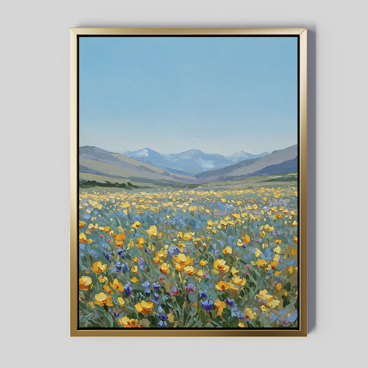 Skyview Field Canvas Art features a vibrant wildflower field with rolling green hills and snow-capped mountains under a clear blue sky—ideal large wall art to add color and beauty to your bedroom decor.