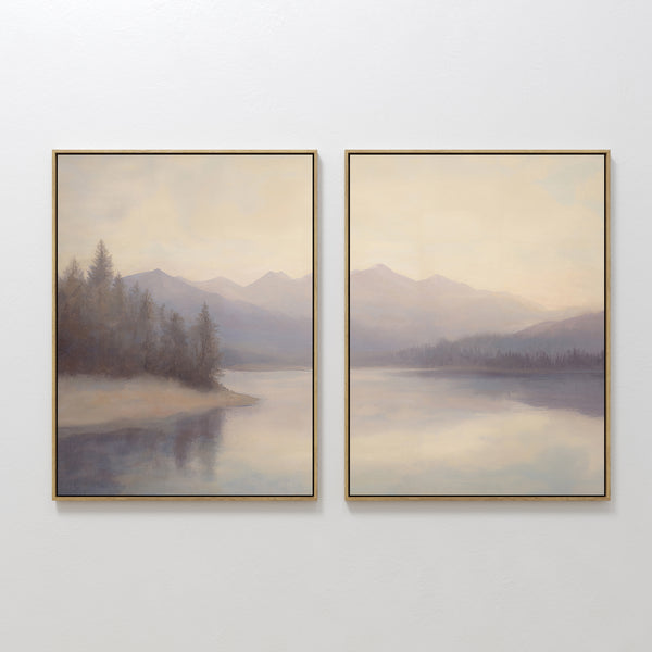 The "Smoky Peaks Set of 2" features serene landscape wall art on print canvas, depicting misty mountains and calm waters in soft blue, gray, and beige for a tranquil, peaceful mood.