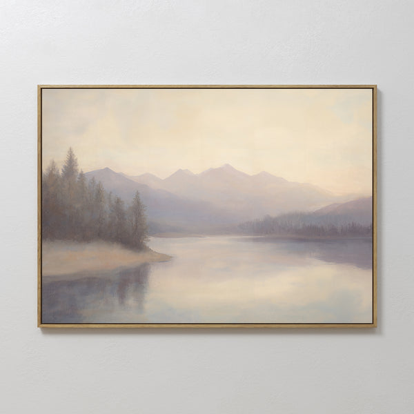 Smoky Peaks Canvas Art is a framed print featuring a calm lake reflecting distant peaks and trees beneath a hazy sky, offering a peaceful, vintage-inspired landscape perfect for serene decor.