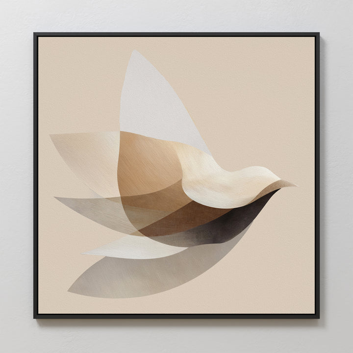 Soaring Stillness Canvas Art showcases a minimalist bird in flight with overlapping beige, cream, brown, and gray shapes on a light backdrop—an abstract piece in a black frame, ideal for modern living room decor.