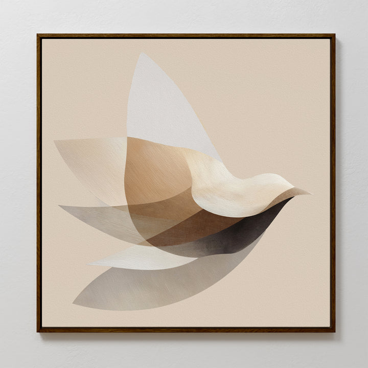 The Soaring Stillness Canvas Art features a minimalist bird in flight with overlapping translucent shapes in beige, brown, and cream, creating an abstract layered look ideal for modern living rooms with light backgrounds.