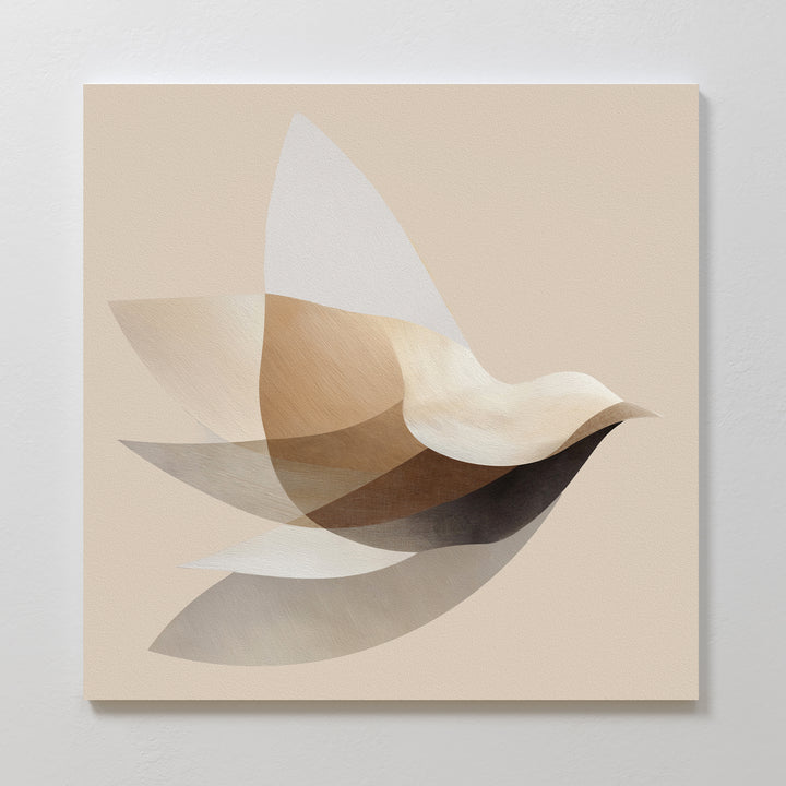 Soaring Stillness Canvas Art features an abstract bird in flight made of layered translucent shapes in neutral beige, brown, and cream on a light tan background—ideal minimalist wall art for modern living room decor.
