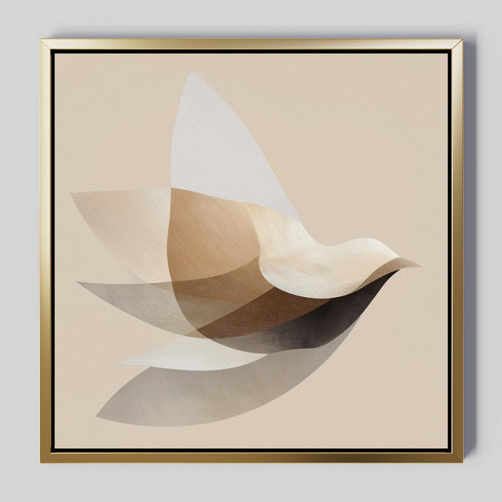 The Soaring Stillness Canvas Art features abstract bird imagery with layered semi-transparent shapes in beige, brown, and white, set in a gold frame—a perfect minimalist piece to elevate any modern living room decor.