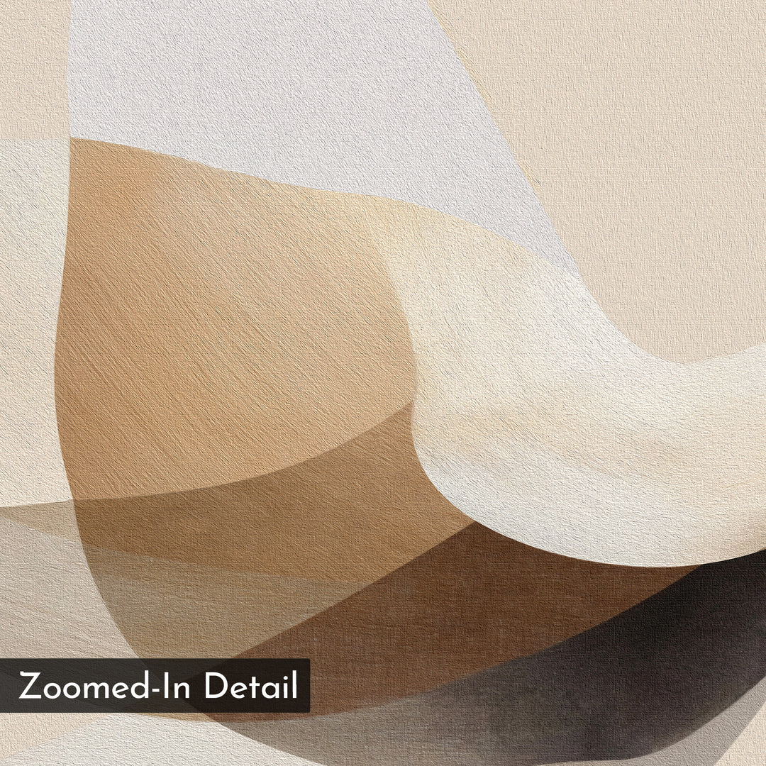 The Soaring Stillness Canvas Art features overlapping curved shapes in beige, tan, cream, and brown on a textured surface. Ideal minimalist wall art to enhance modern living rooms. "Zoomed-In Detail" is shown in the bottom left corner.