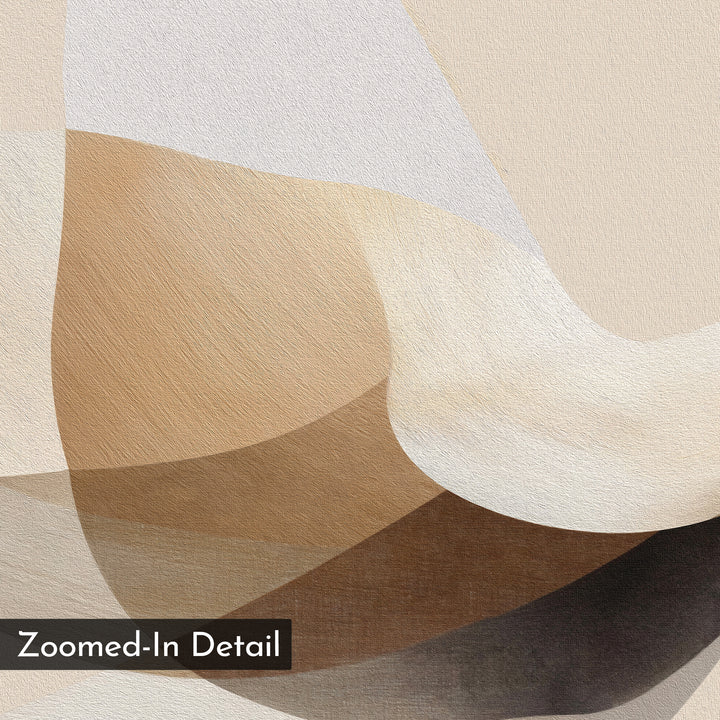 The Soaring Stillness Canvas Art features overlapping curved shapes in beige, tan, cream, and brown on a textured surface. Ideal minimalist wall art to enhance modern living rooms. "Zoomed-In Detail" is shown in the bottom left corner.