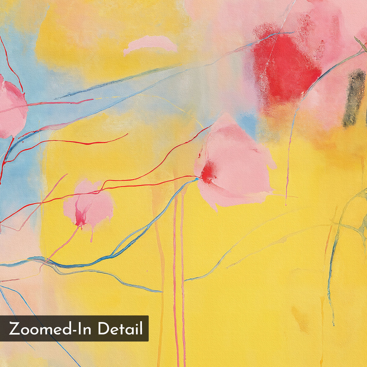 Soft Bloom Abstract Canvas Art features a bright yellow background with pink and red flower-like shapes and thin blue and red lines. Its soft textures and vibrant colors make it perfect for brightening your living room. Label: “Zoomed-In Detail.”.