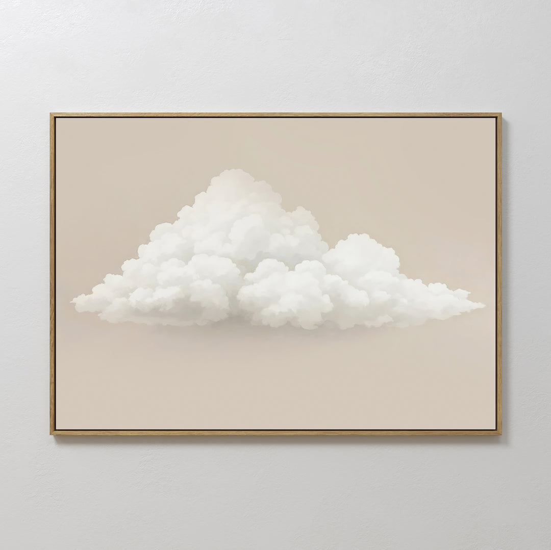 The Soft Drift Canvas Art features a fluffy white cloud on a soft beige background, embodying neutral tones for a calm, minimalist wall art look.
