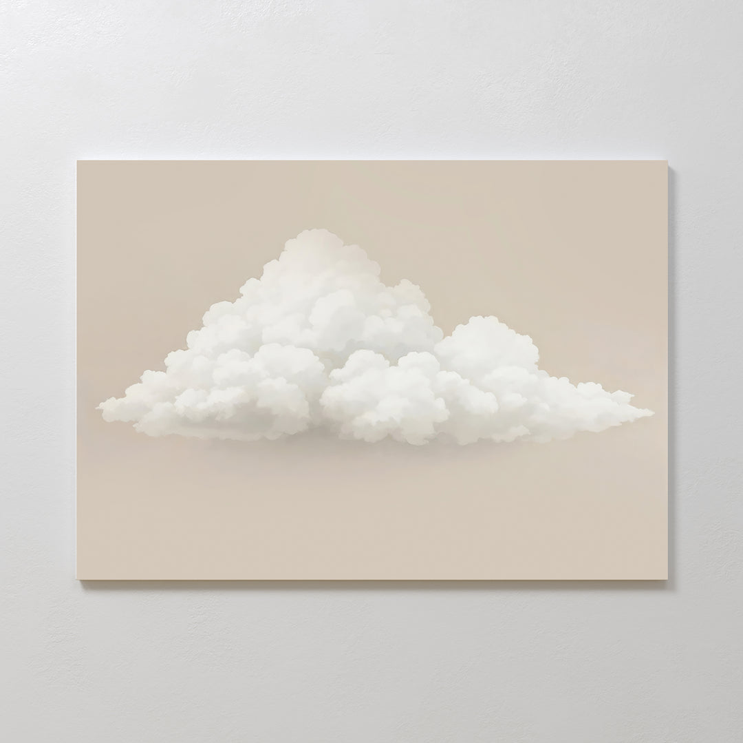 The Soft Drift Canvas Art showcases a fluffy white cloud on neutral beige tones, creating a minimalist accent when displayed on any plain white wall.