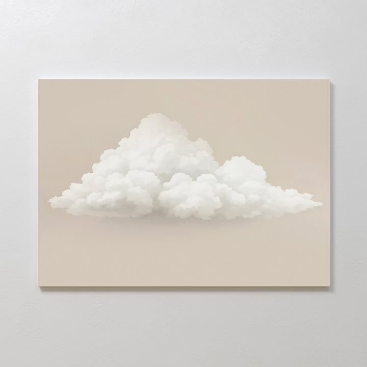 The Soft Drift Canvas Art showcases a fluffy white cloud on neutral beige tones, creating a minimalist accent when displayed on any plain white wall.