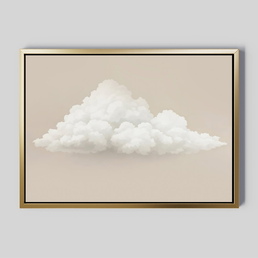 Soft Drift Canvas Art is a framed canvas featuring a realistic white cloud on a beige background with a gold-colored frame—ideal minimalist wall decor for neutral-toned spaces.