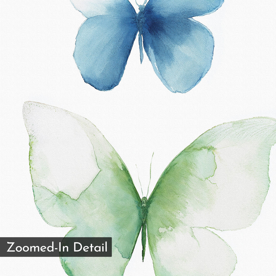 Soft Flight Canvas Art features two watercolor butterflies, one blue and one green, on a white background. The minimalist design includes a "Zoomed-In Detail" label in the lower left, partially overlapping the green butterfly’s wing.