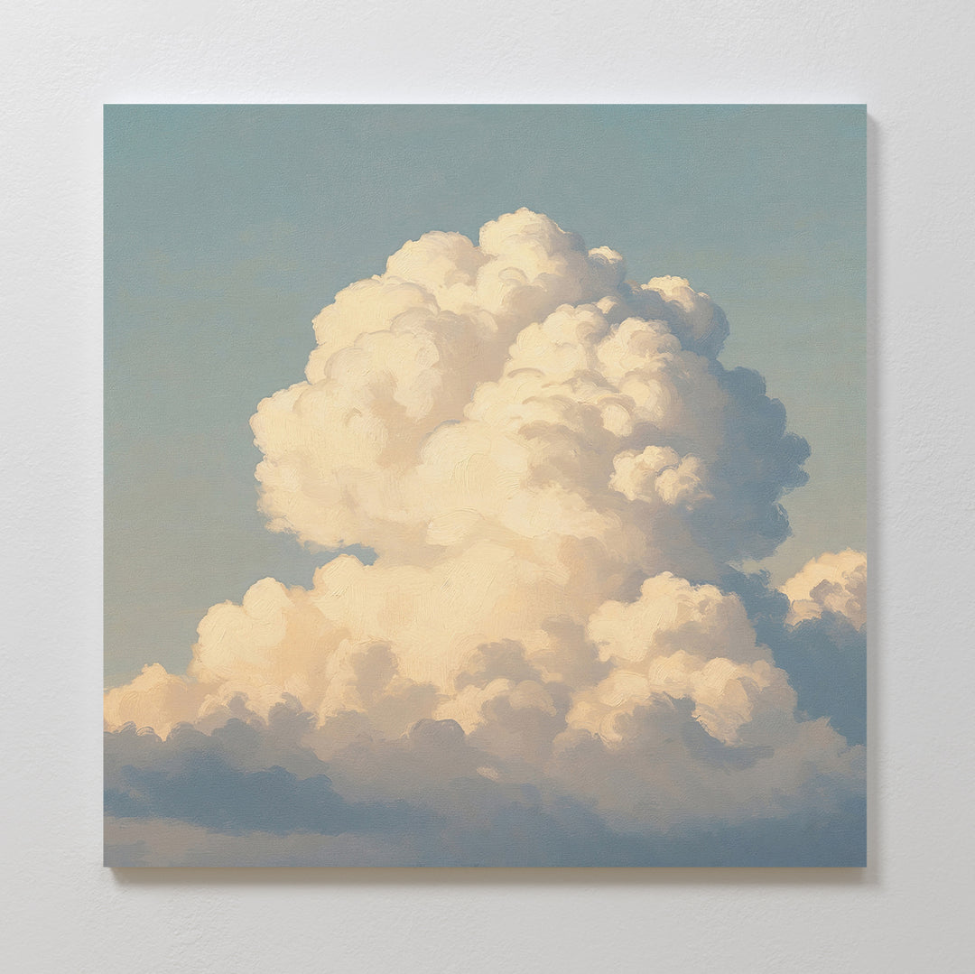 Soft Skies Rising Canvas Art features a large cumulus cloud highlighted by sunlight against a pale blue sky, adding elegance and tranquility to any white wall.