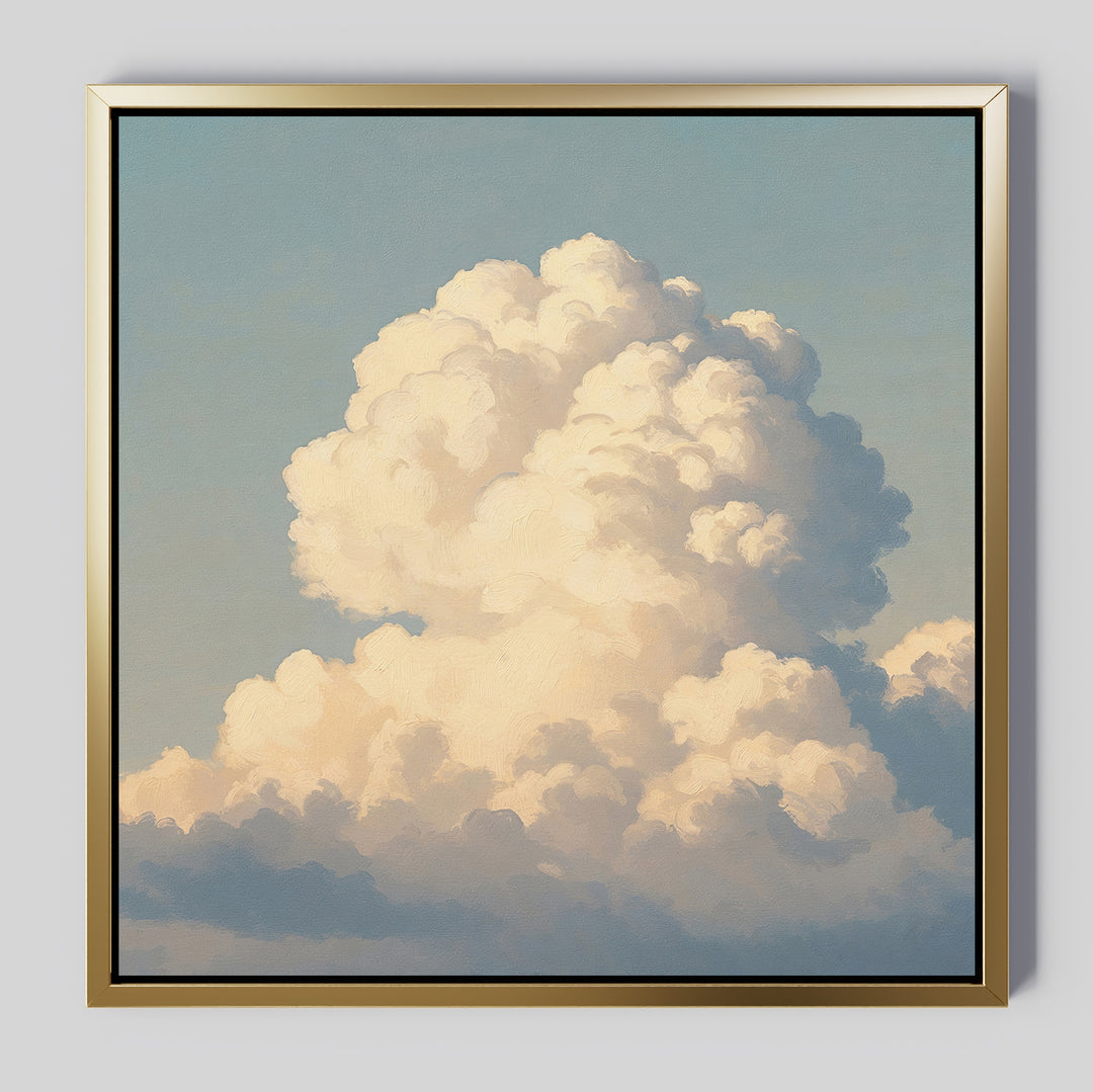 The Soft Skies Rising Canvas Art features a large, fluffy white cloud against a sunlit blue sky. A metallic gold, reflective frame adds elegance, making it ideal wall art for any Nordic Park-inspired decor.