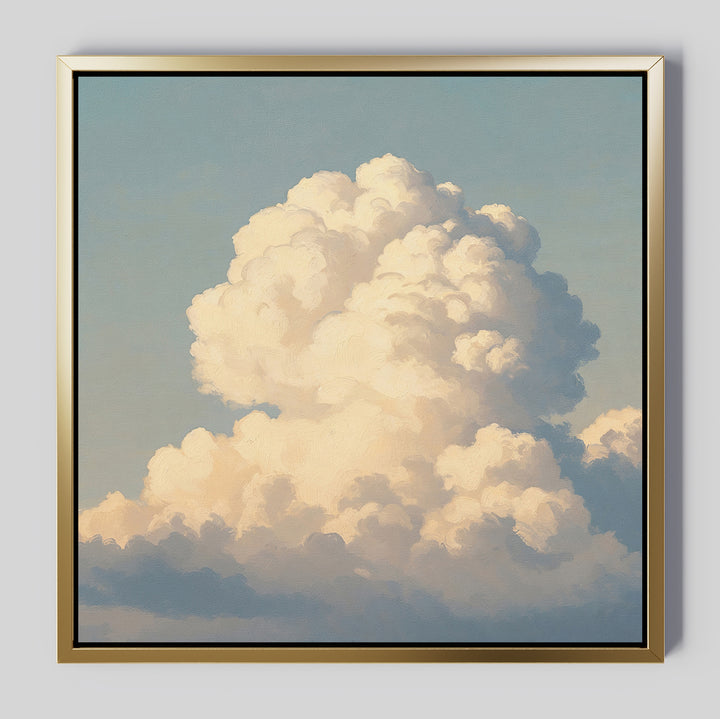 The Soft Skies Rising Canvas Art features a large, fluffy white cloud against a sunlit blue sky. A metallic gold, reflective frame adds elegance, making it ideal wall art for any Nordic Park-inspired decor.