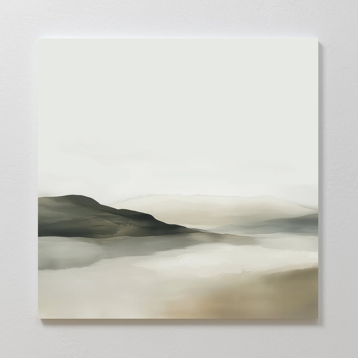 Soft Valley Canvas Art features a minimalist landscape with softly blended hills and water under a pale sky, creating a calm, foggy atmosphere—ideal wall art for serene, modern decor.