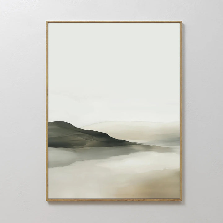 Soft Valley Canvas Art – Vertical features soft green and beige hills with misty reflections under a cloudy sky, framed in slim gold—perfect minimalist wall art to elevate your decor.