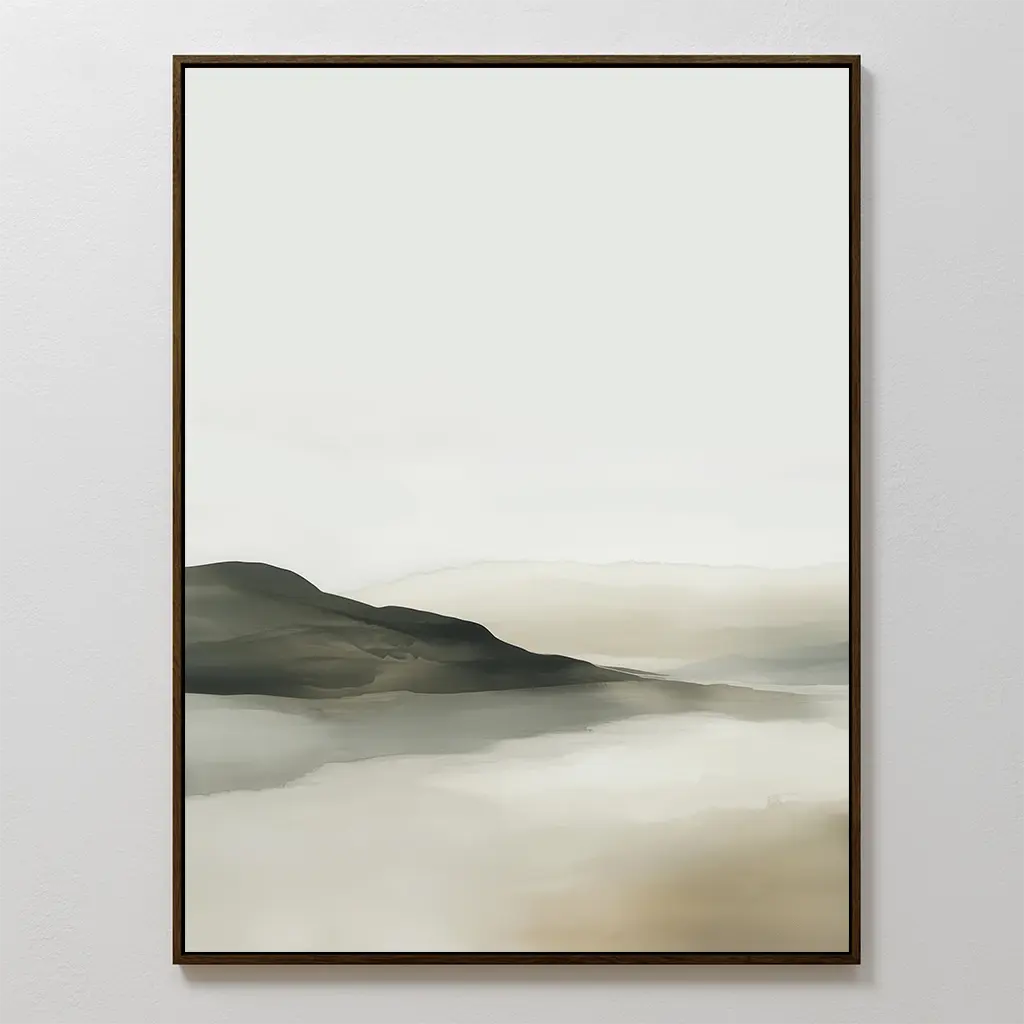 Soft Valley Canvas Art – Vertical features misty hills in soft green, gray, and beige gradients. Its blurred edges and abstract style bring a calm, minimalist feel—perfect landscape wall art to create a serene atmosphere in any space.