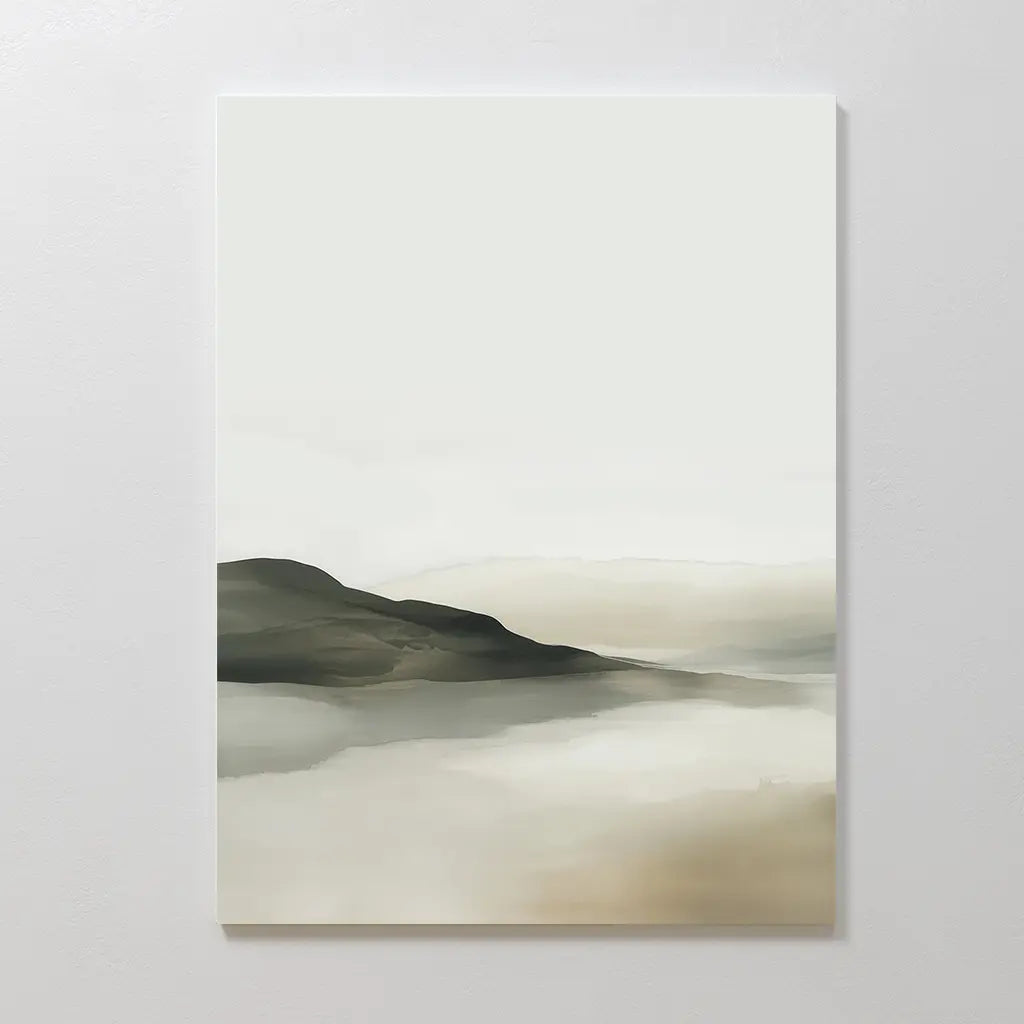 Soft Valley Canvas Art – Vertical features a minimalist landscape in soft green, gray, and beige tones with abstract hills under a hazy sky—ideal calming wall art for bedrooms.