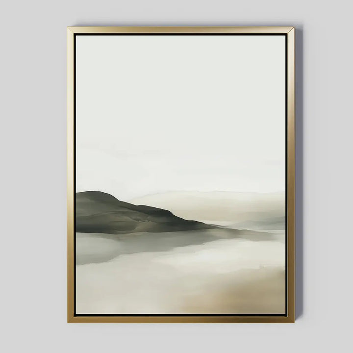 The Soft Valley Canvas Art – Vertical features a minimalist landscape in soft green, gray, and beige tones with a gold frame, evoking a serene misty scene—perfect for adding calming elegance to modern decor or bedroom wall art displays.