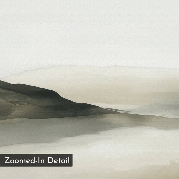 The Soft Valley Canvas Art – Vertical features soft, muted gray and beige tones of distant mountains and a calm landscape. Gentle, blurred brushstrokes create an ethereal look—perfect for minimalist decor. "Zoomed-In Detail" appears in the corner.