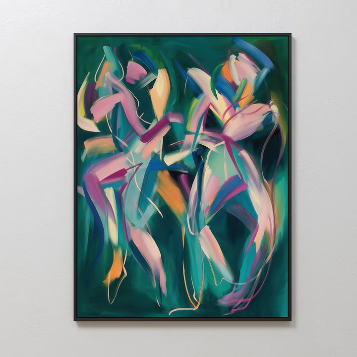 Spiralling Forms Abstract Canvas Art showcases two human-like figures with bold, colorful brushstrokes in pink, yellow, blue, and green on a dark green background, framed in black—ideal modern wall art for any space.
