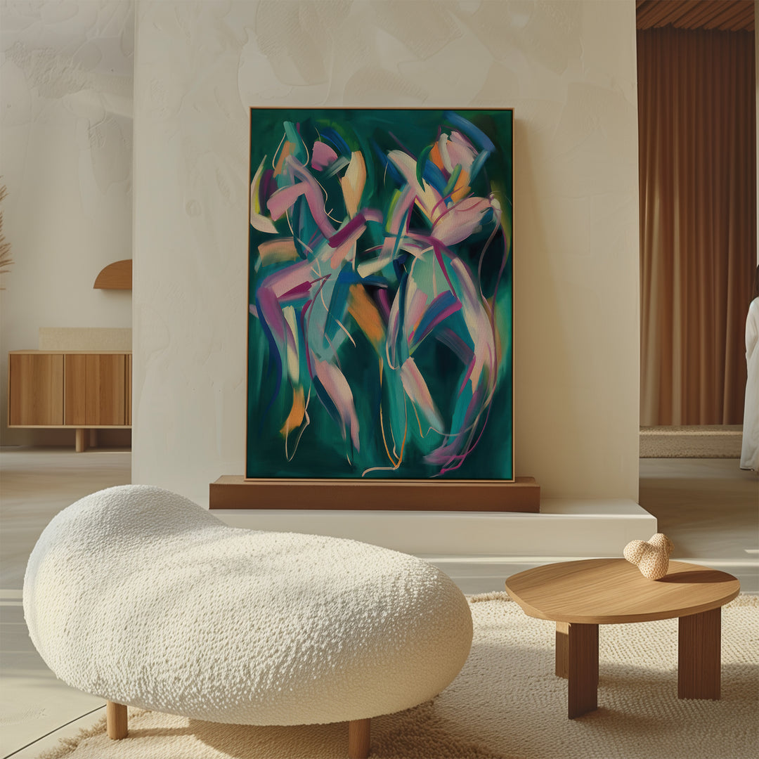 A modern living room with a textured white lounge chair, a small wooden coffee table, and the Spiralling Forms Abstract Canvas Art featuring swirling green, purple, and pink hues on the wall behind.