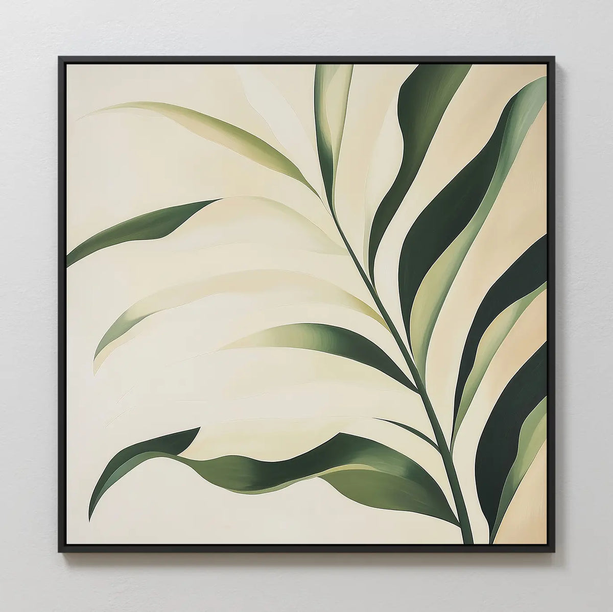 The Spring Foliage Canvas Art features a minimalist leafy plant with long green leaves on a light beige background, framed in thin black and ideal for modern interiors or display on a plain white wall.