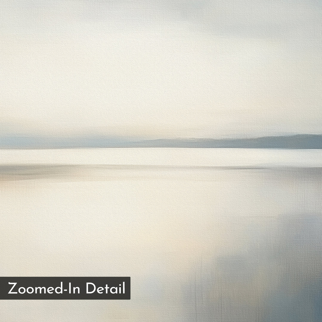 The Still Horizon Set of 2 features minimalist wall art with softly blurred landscapes in beige, gray, and white, depicting calm water and a serene shoreline beneath a cloudy sky. A "Zoomed-In Detail" label appears in the bottom left corner.